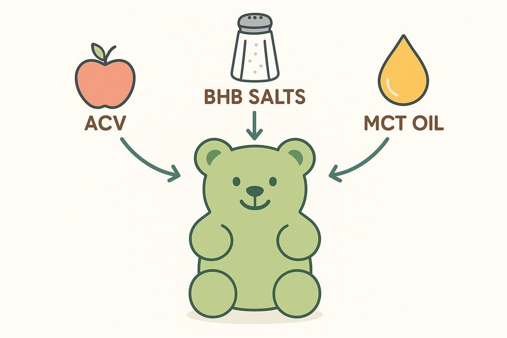 Infographic showing the three main ingredients of a keto ACV gummy. An apple labeled 'ACV' and a salt shaker labeled 'BHB salts' have arrows pointing to a green gummy bear. A droplet labeled 'MCT oil' also has an arrow pointing to the green gummy bear.