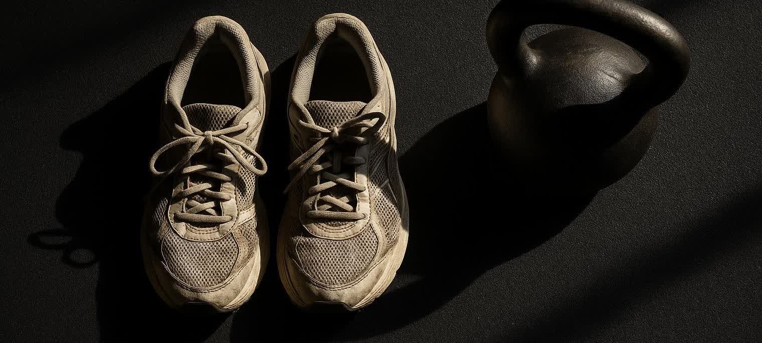 A pair of well-worn, light-colored running shoes sit on a dark gym floor next to a black kettlebell, illuminated by a strong, overhead light creating defined shadows.