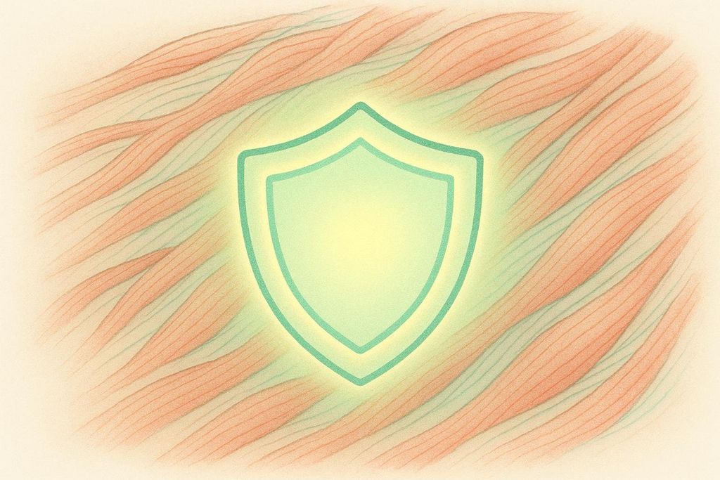 A stylized illustration showing a glowing green shield icon overlaid on a background of what appears to be muscle fibers or tissue. The muscle fibers are reddish-orange and wave-like, with a green tint where the shield's glow illuminates them.