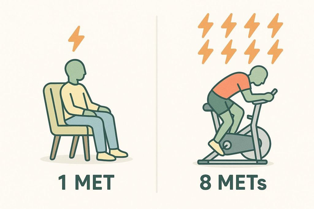 Infographic comparing a person at rest (1 MET) with a single lightning bolt and a person cycling vigorously (8 METs) with eight lightning bolts, visually explaining the Metabolic Equivalent of Task concept with corresponding text labels.