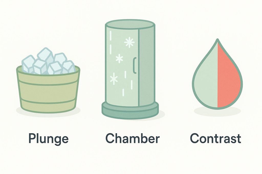 Icon illustrations of a cold plunge tub filled with ice, a cryotherapy chamber, and a droplet symbolizing hot/cold contrast therapy, with labels 'Plunge', 'Chamber', and 'Contrast' respectively.