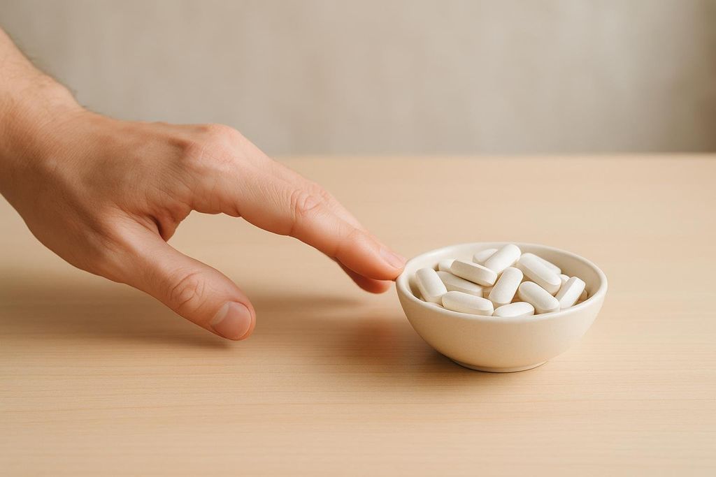 A hand pushing pills away, symbolizing pausing supplementation before a scan.