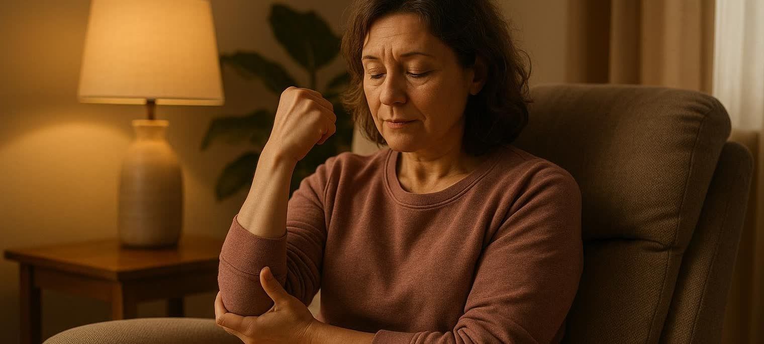 A woman in a cozy home environment, seated in a chair, carefully performing an elbow bend exercise as part of her recovery or physical therapy. She is focused on the movement with her eyes closed.