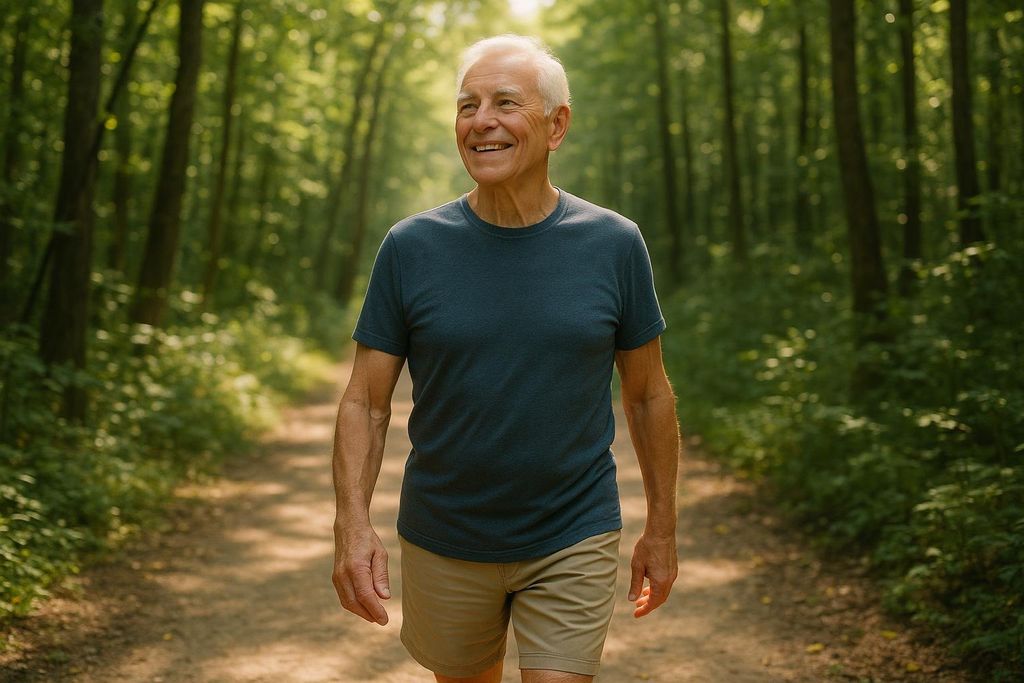 A smiling older man with white hair and a blue t-shirt walks on a path through a sun-dappled green forest.