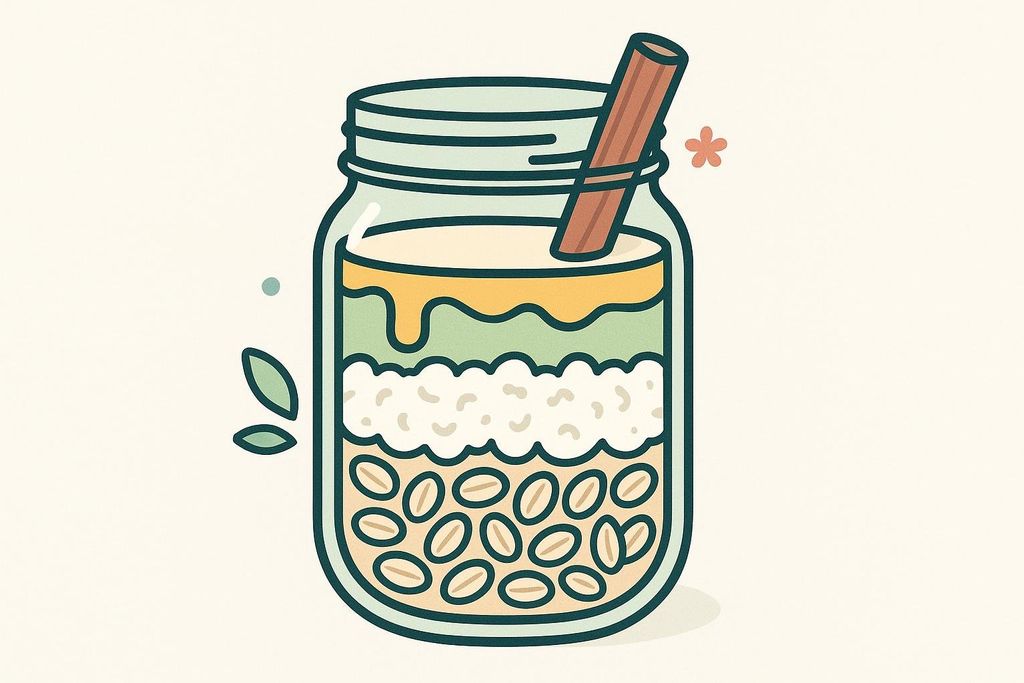 An illustration of a mason jar with distinct colorful layers: a light-colored liquid base, followed by a layer of round oat-like shapes, a white fluffy layer (possibly oats or cottage cheese), a green layer, and a top layer of a creamy liquid with a cinnamon stick. Small leaves and a flower petal decorate the background.