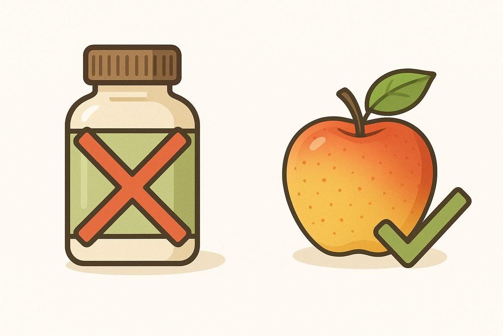 An illustration comparing a supplement bottle with a large red X across it to a fresh red and yellow apple with a green checkmark beside it, symbolizing that supplements are a myth and apples are a fact for good health.