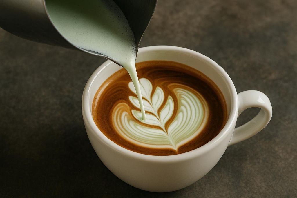 A close-up shot of light green pistachio milk being poured from a metal pitcher into a white coffee cup, creating latte art in the form of a delicate leaf design on top of the dark brown coffee.