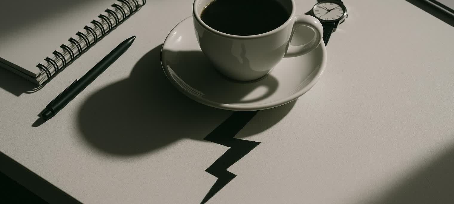 A coffee cup on a desk casting a jagged shadow resembling a lightning bolt.