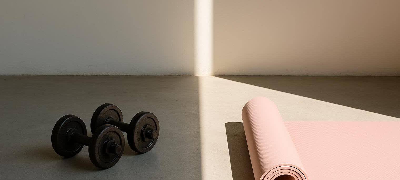 A pair of black iron dumbbells rests on a gym floor next to a rolled-up pink Pilates mat. Sunlight streams in, creating sharp shadows on the light-colored floor and wall.