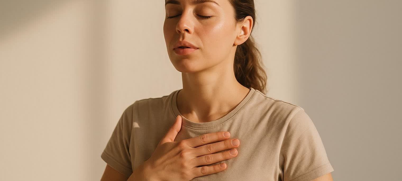 A woman with her eyes closed, one hand on her chest, practices deep breathing exercises to stimulate her vagus nerve. She is wearing a light brown t-shirt with sunlight illuminating her face and shoulder.