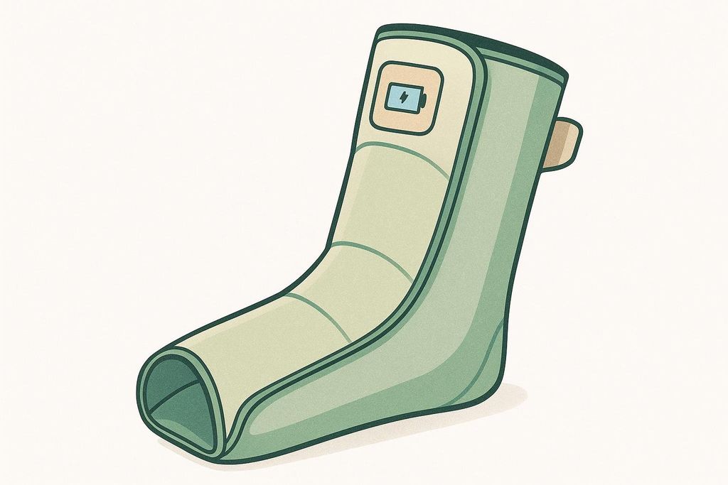 Illustration of a light green wireless compression boot with a battery icon on display, highlighting its portability.