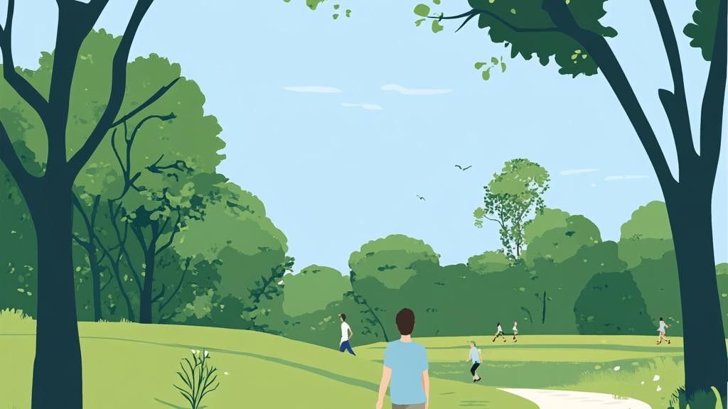 Illustration of people walking on a path in a park surrounded by green trees under a blue sky.