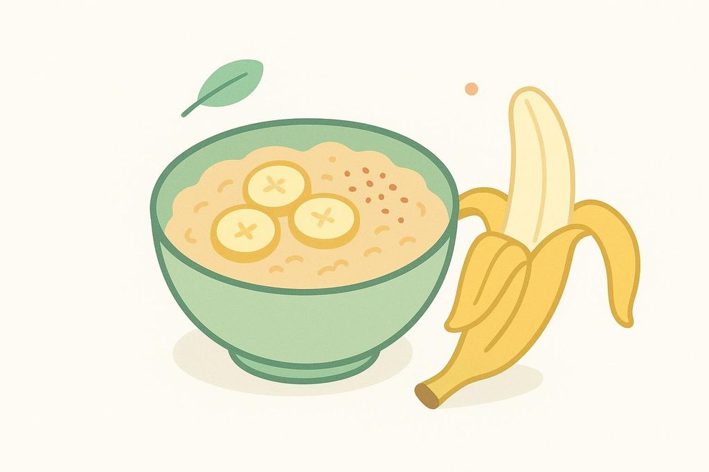 An illustration in a simple, flat style of a green bowl filled with oatmeal and three banana slices on top. Next to the bowl is a peeled banana. A single green leaf floats above the bowl, and a small orange dot is near the top right of the image.