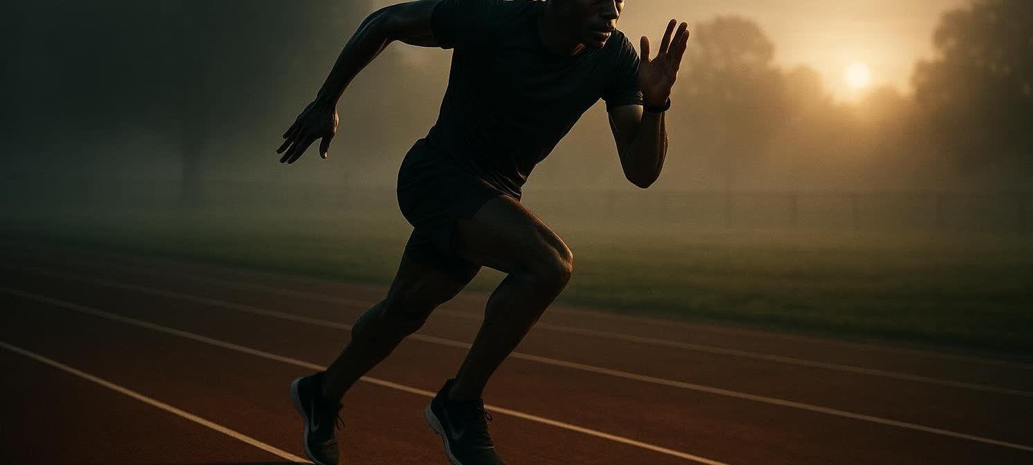 A silhouetted runner sprints on an outdoor track at dawn, with the rising sun casting a glow through morning fog in the background.