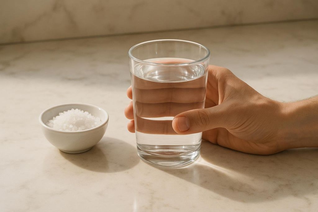 A hand holding a clear glass of water, with a small white bowl of coarse sea salt visible to the left. Both are on a light-colored, subtly patterned surface.