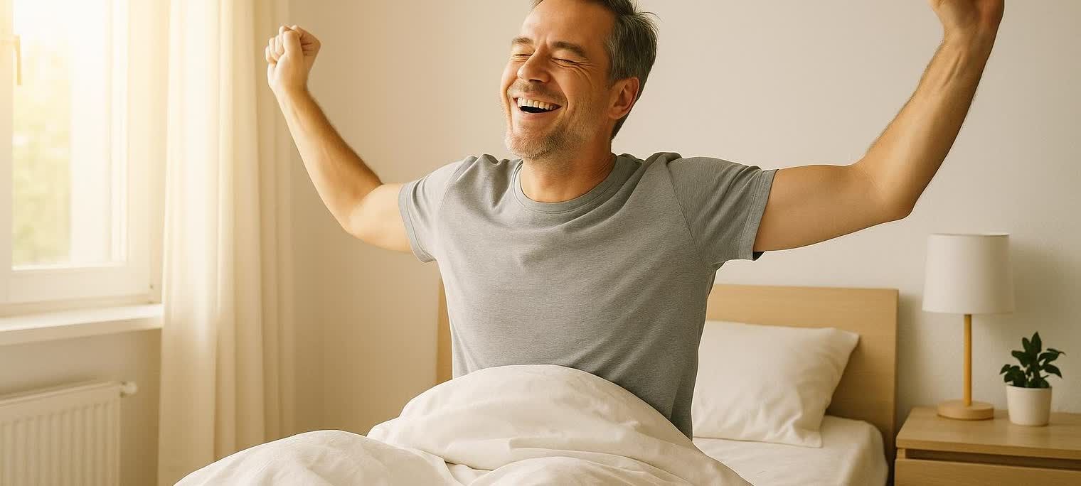 A man in a grey t-shirt waking up in a sunlit bedroom, stretching with a big smile and closed eyes, looking refreshed and happy.