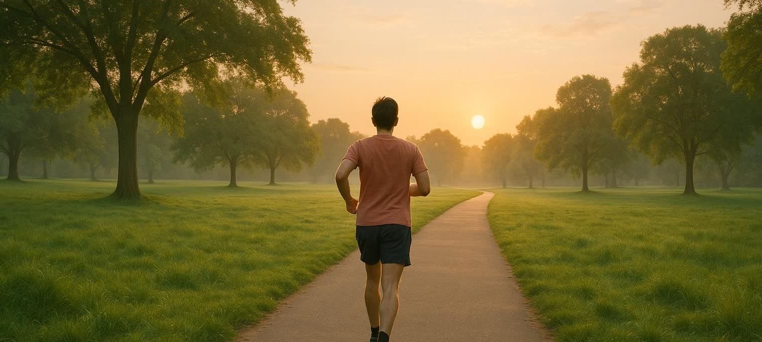 A solitary runner on a paved path, viewed from behind, jogging toward a bright sunrise over a misty, tree-lined park with green fields.