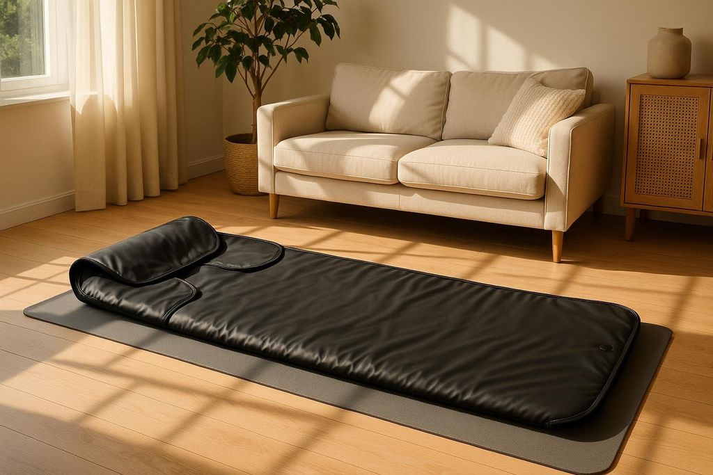 An unrolled black sauna blanket lies on a grey yoga mat on a light wooden floor in a sunlit room. A beige sofa, a potted plant, and a wooden cabinet are visible in the background.