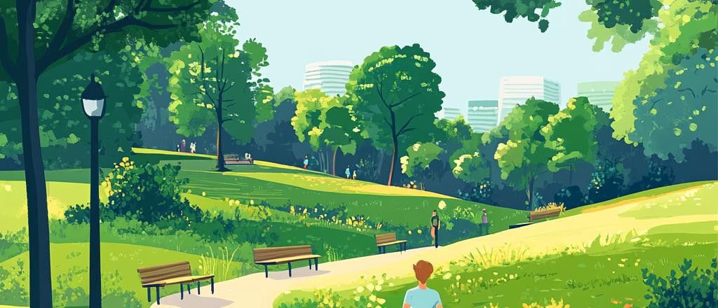 An illustration of a park with people walking, sitting on benches, and trees in the foreground and background. Tall buildings are visible in the distance.