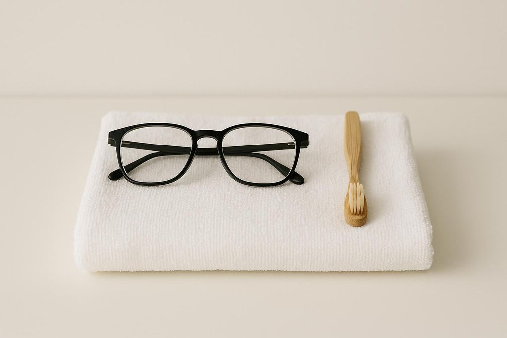 Black-rimmed eyeglasses and a wooden bamboo toothbrush are neatly arranged on a folded white towel. The setup suggests a minimalist approach to personal care essentials.