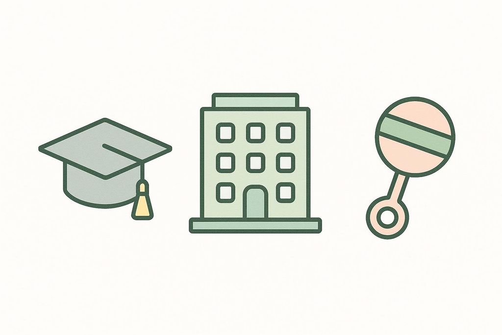 Icons of a graduation cap, an office building, and a baby rattle, visually representing major life transitions that can impact an individual's weight or health.