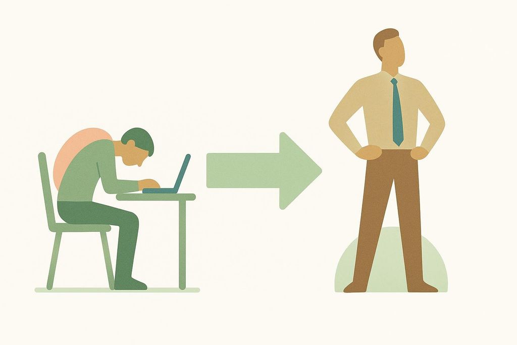 An illustration showing a person with poor posture hunched over a laptop at a desk, with an arrow pointing to a person standing upright with good, confident posture.