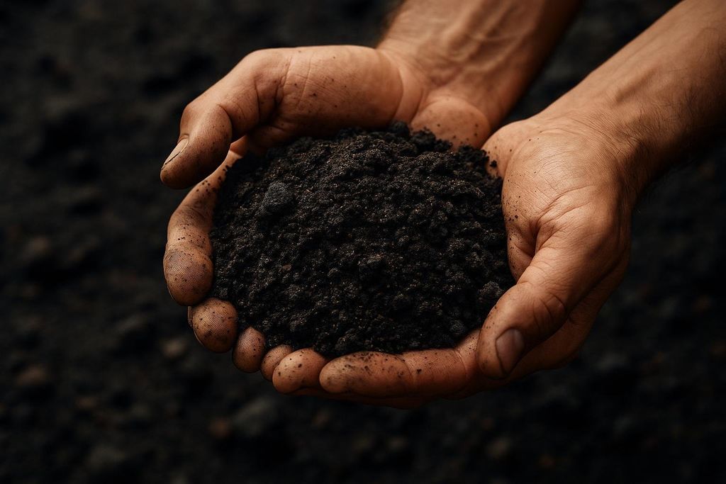 Close-up of two adult hands cupped together, holding a mound of rich, dark brown soil. The hands appear somewhat weathered and have specks of dirt on them, suggesting agricultural work or gardening.