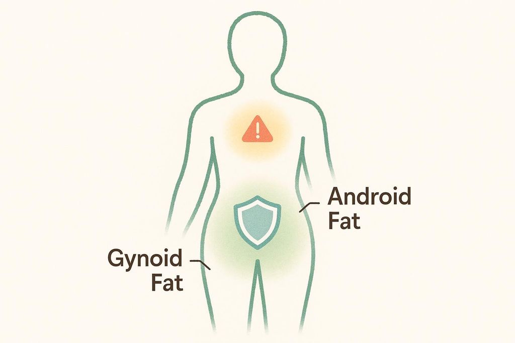A diagram illustrating the distribution of gynoid and android fat on a human body silhouette. Gynoid fat, shown in the hip and thigh area, is marked with a shield, indicating it is protective. Android fat, shown in the abdominal area, is marked with an exclamation point, indicating it carries higher health risks.