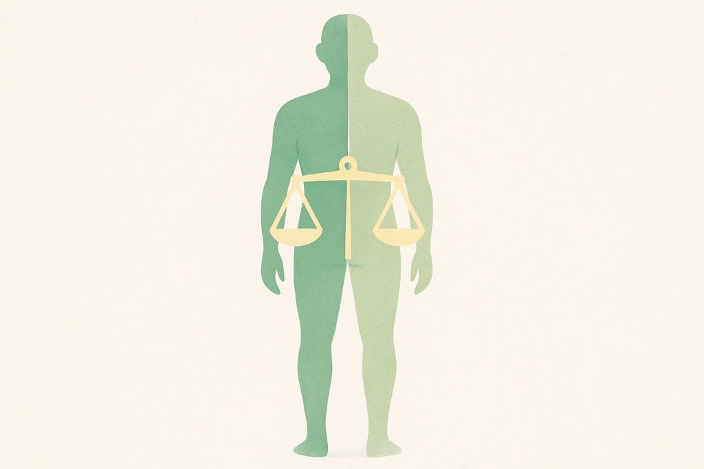 An abstract illustration of a human body, split vertically with different shades of green, with a golden balance scale positioned across the middle, symbolizing balance, imbalance, or symmetry.