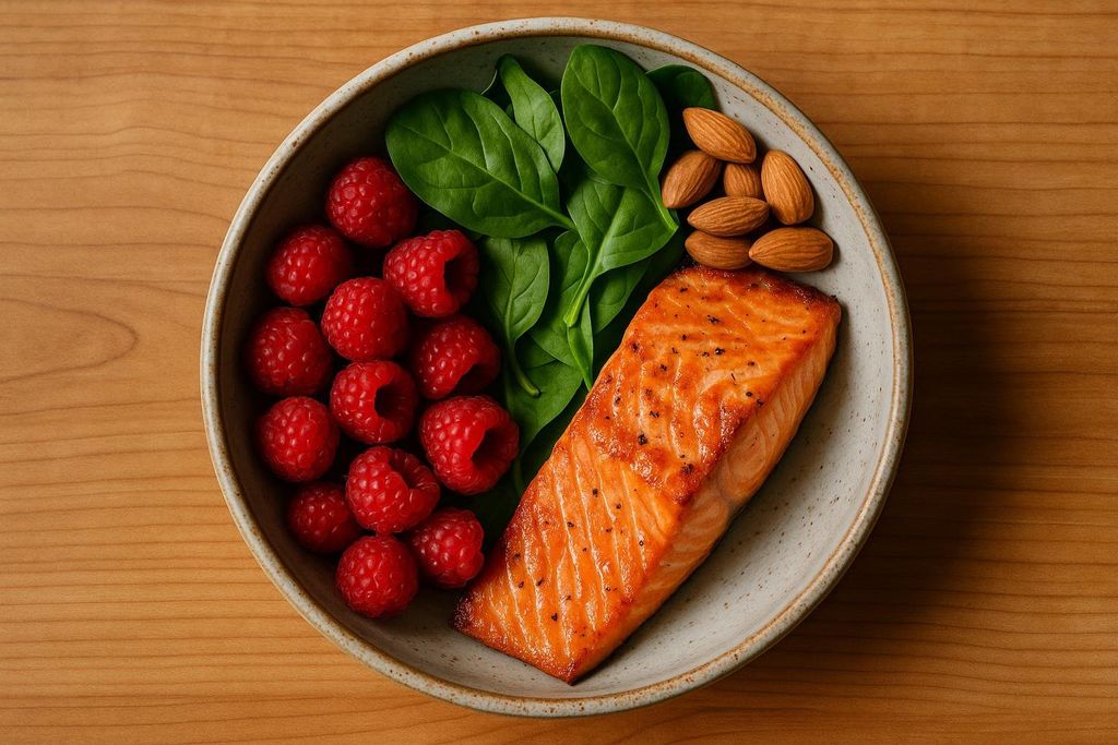 A ceramic bowl containing a cooked salmon fillet, fresh raspberries, baby spinach leaves, and whole almonds, set on a wooden surface. The meal is colorful and appears healthy.
