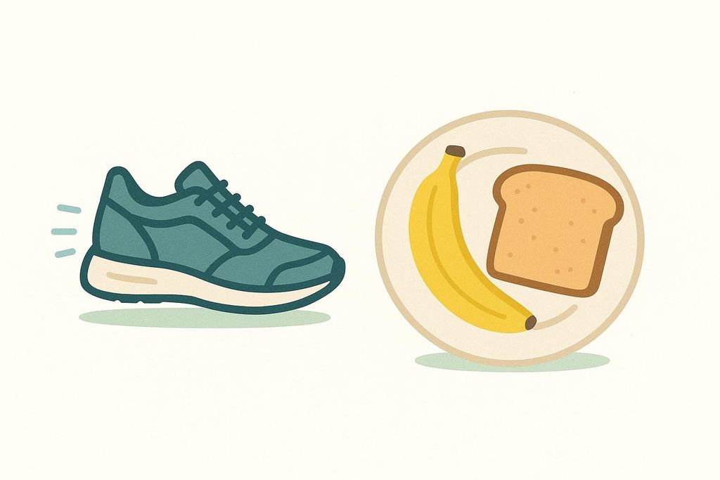 Illustration showing a teal running shoe with motion lines next to a white plate with a yellow banana and a light brown slice of toast, symbolizing pre-workout fuel for exercise.