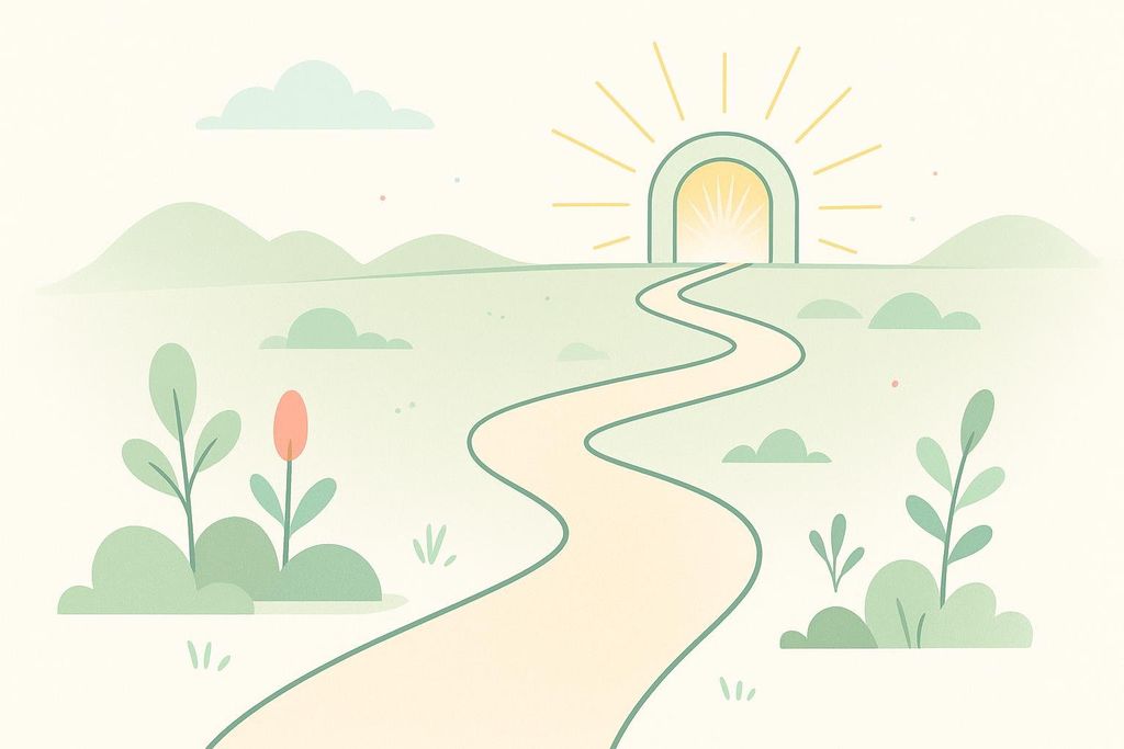 An illustration of a winding path leading towards a glowing archway with a sunburst design, set in a peaceful pastel landscape with hills and green foliage.