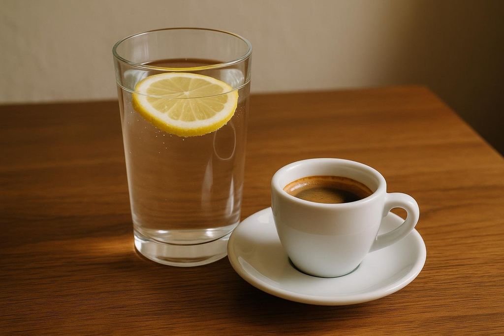 A glass of water next to an espresso cup representing hydration balance.