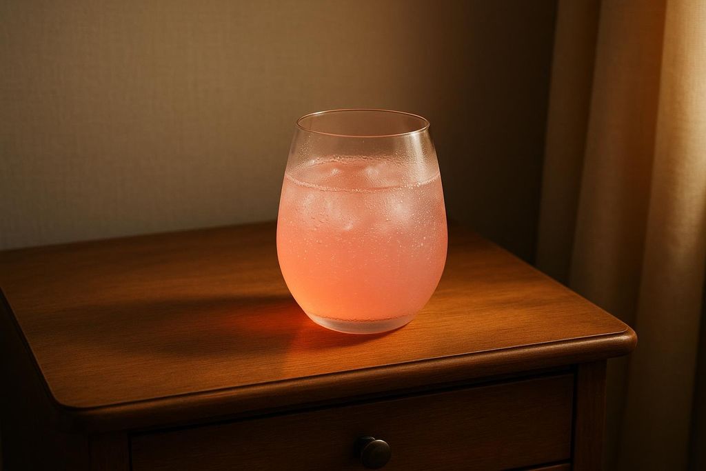 A close-up shot of a clear glass filled with a pink, icy, and condensation-covered beverage, possibly a mocktail or soda, sitting on a wooden nightstand. The scene is dimly lit, with a soft glow illuminating the drink and the surface of the nightstand.