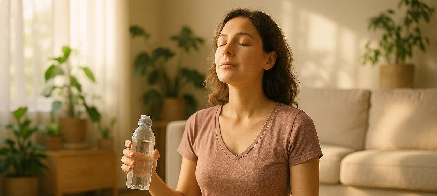 A woman with her eyes closed, meditating or resting, holding a water bottle in a sunlit room. She is wearing a rust-colored V-neck shirt, and plants and a couch are visible in the soft-focus background.