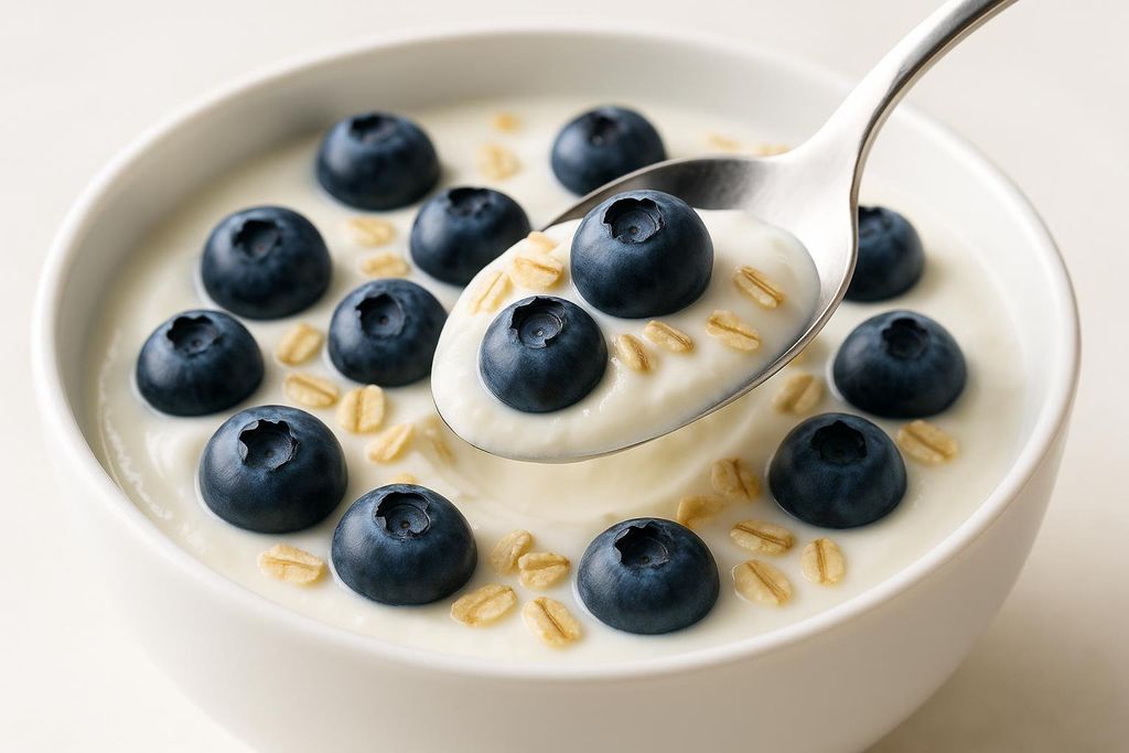 A close-up of a spoon dipping into a white bowl of yogurt, which is topped with numerous blueberries and scattered oats.