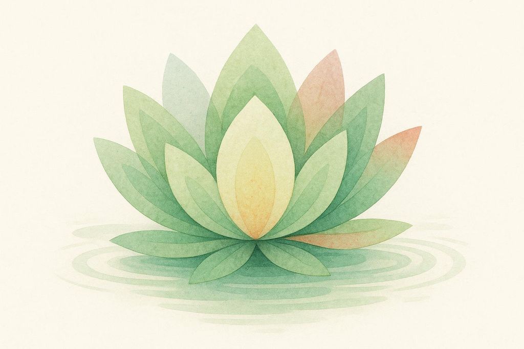 An abstract watercolor illustration of a lotus flower with green and light orange overlapping petals. It is sitting on serene water with ripples around it. The background is a soft beige.