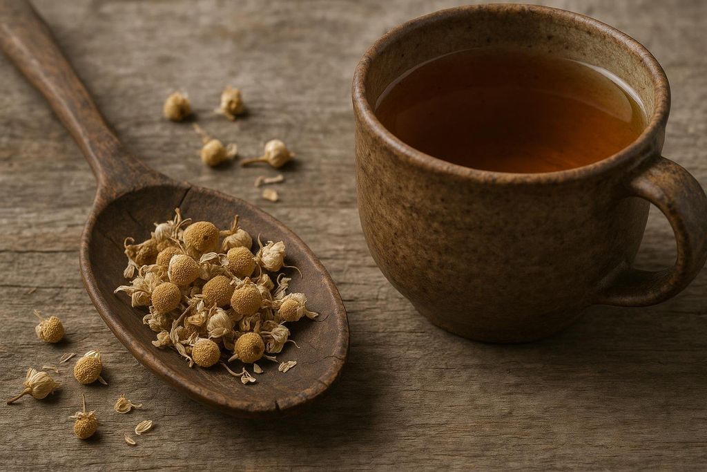 Close-up of dried chamomile flowers on a wooden spoon, with a mug of warm tea beside it, all on a rustic wooden surface.