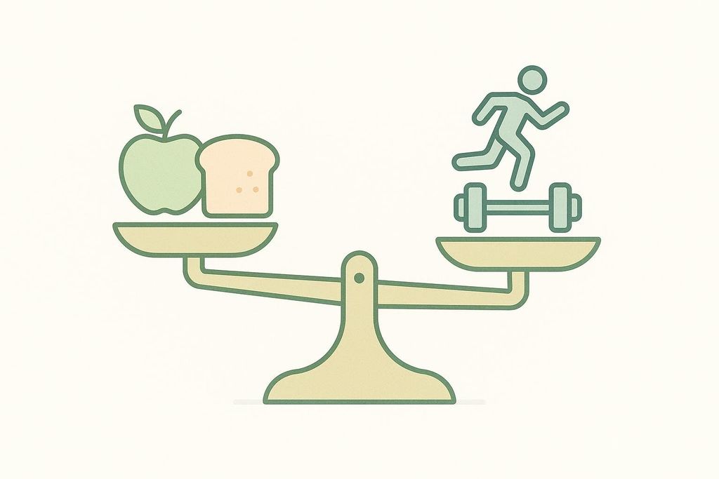 Illustration of a balance scale tipped towards 'activity' (represented by a running figure and barbell) over 'food' (represented by an apple and bread), symbolizing a calorie deficit for weight loss or a focus on exercise.