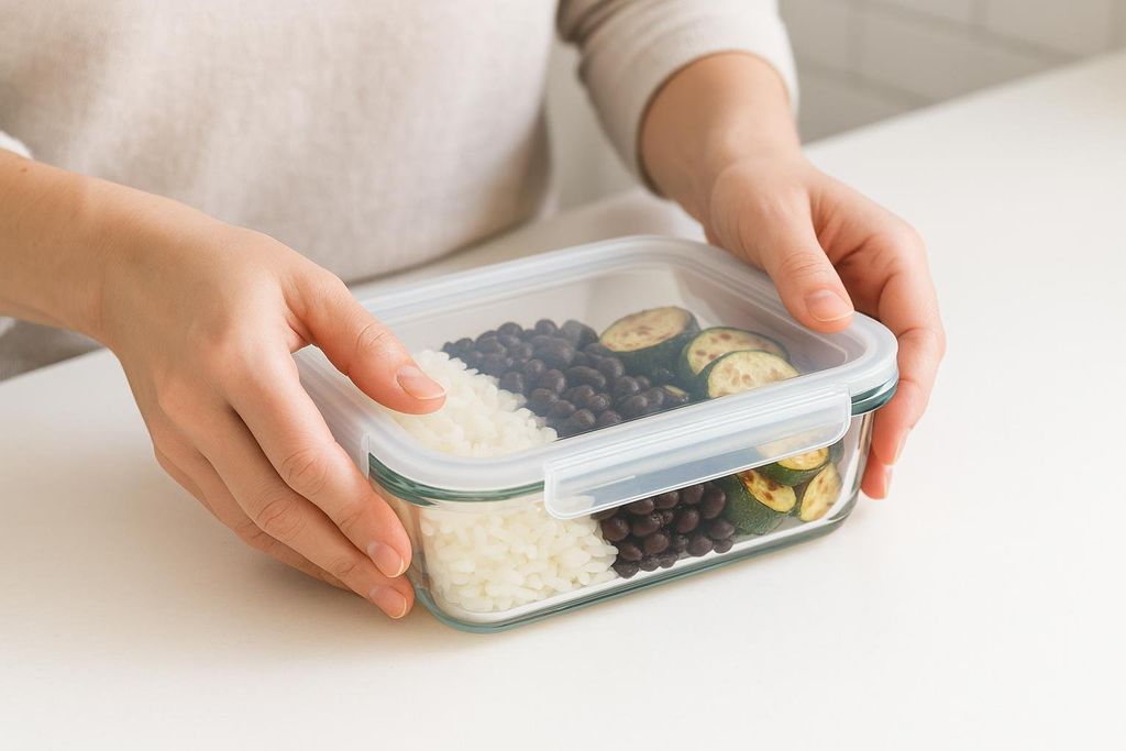 A person's hands are closing the lid of a glass meal prep container filled with separate sections of white rice, black beans, and sliced zucchini.