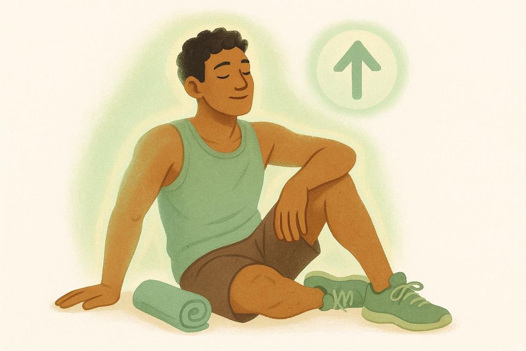 Illustration of a person glowing after a workout, representing the EPOC after-burn effect of anaerobic exercise, with a green upward arrow icon in the background.