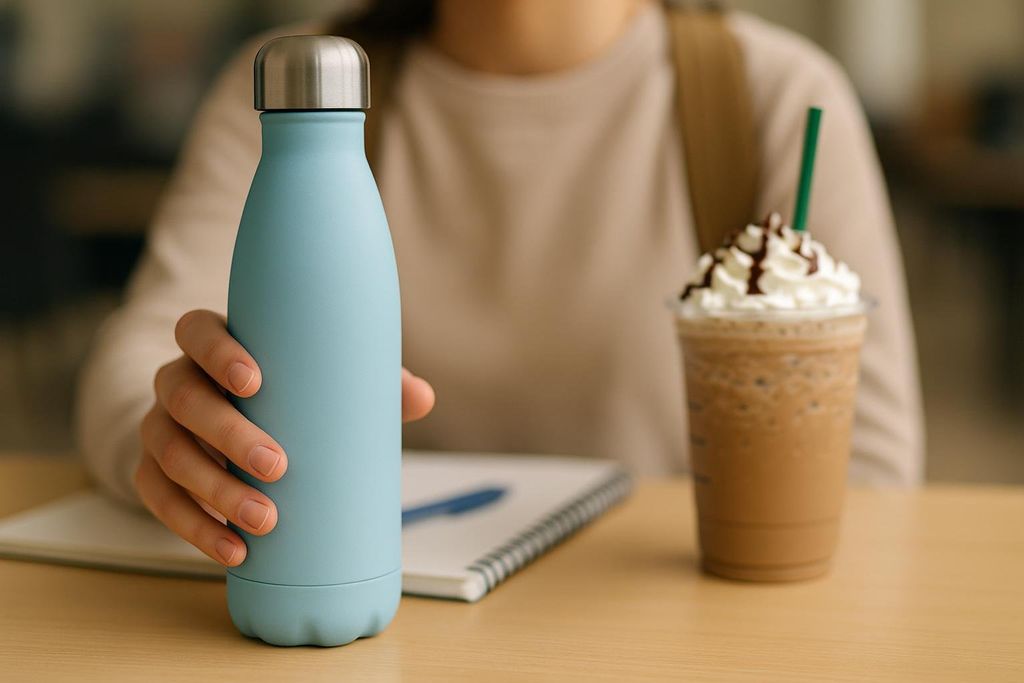 A person reaches for a light blue reusable water bottle, while a heavily sweetened and topped coffee drink sits blurred in the background. This implies a healthier beverage choice.