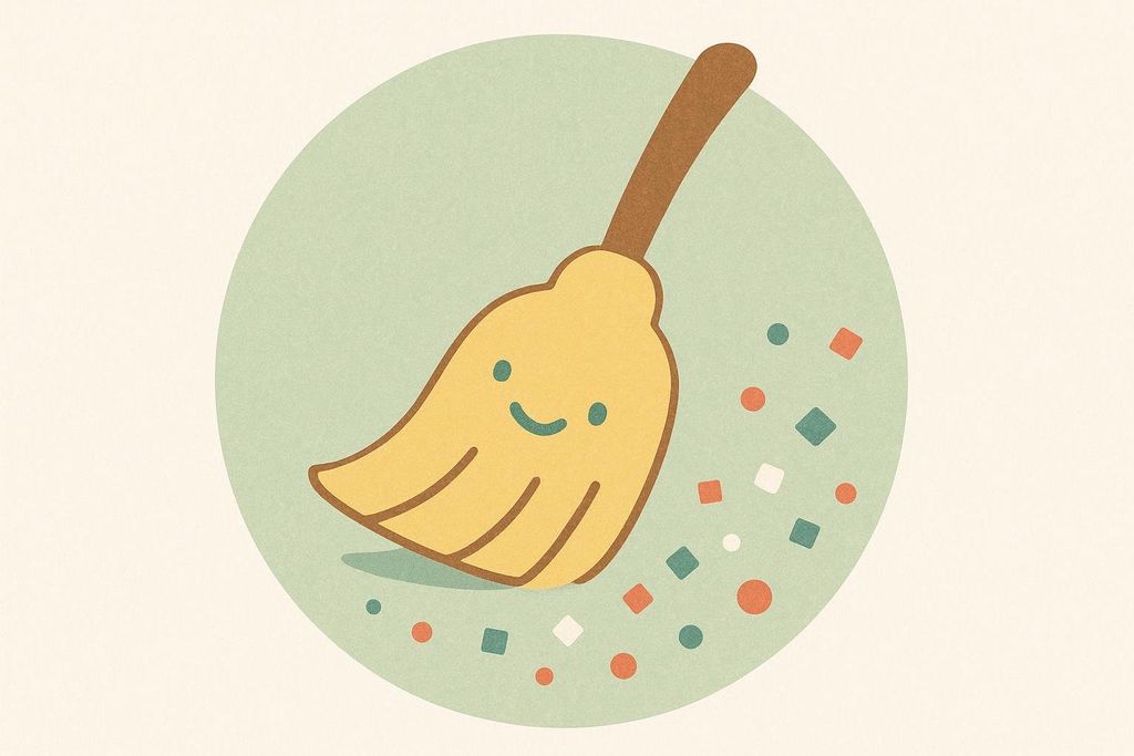 A cute cartoon illustration of a smiling yellow broom sweeping colorful confetti and dust particles within a light green circle background.