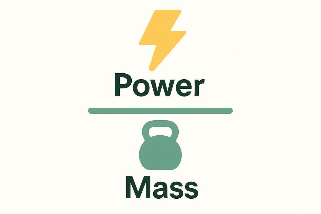 A diagram illustrating the concept of power divided by mass. The word 'Power' is at the top with a lightning bolt icon above it, a horizontal line separates it from the word 'Mass' at the bottom, which has a kettlebell icon above it.
