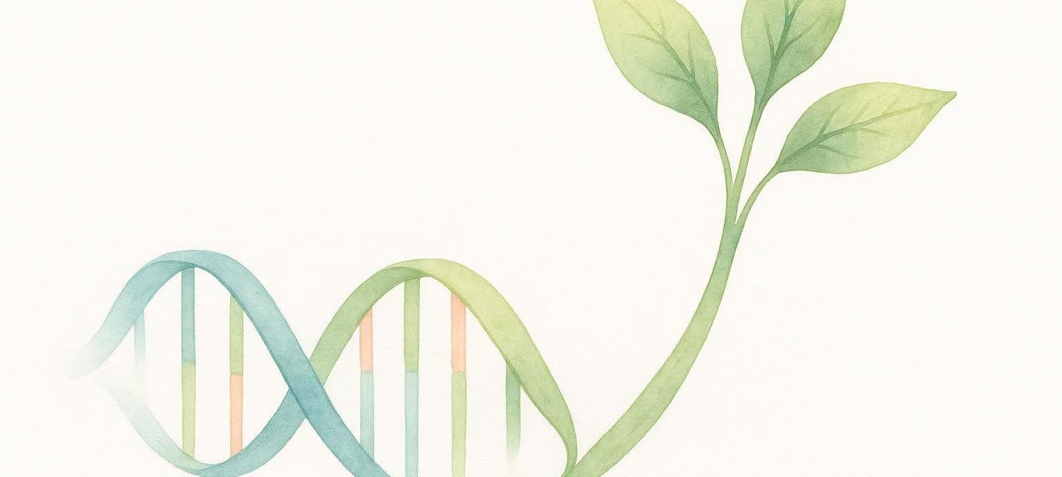 An abstract illustration depicting a DNA strand transforming into a leafy plant branch.