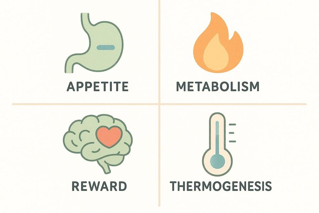 Four icons illustrating the effects of Wellbutrin: a stomach icon for appetite, a flame icon for metabolism, a brain with a heart icon for reward, and a thermometer icon for thermogenesis.