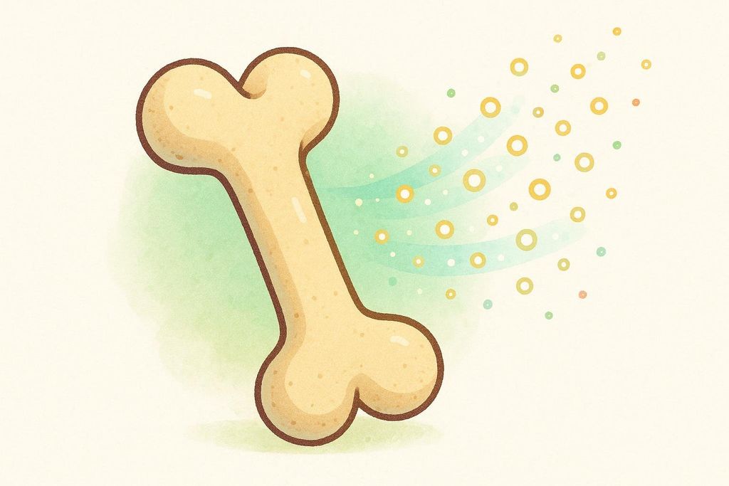 An illustration of a bone with small yellow, green, and white particles floating away from it on a green and white background. This depicts minerals leaving the bone.