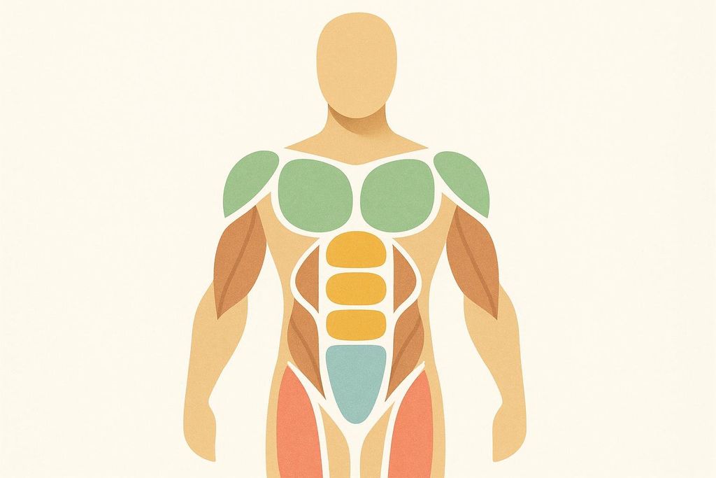 An abstract illustration of a human torso with muscles shown in different colored, shaded segments. Green for shoulders and chest, orange for biceps/triceps, yellow for abs, light blue for lower core, and red for upper thighs.
