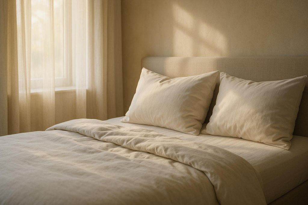 A serene bedroom with a bed made with off-white linens and two pillows. Soft, warm sunlight streams through sheer curtains on the window to the left, casting gentle shadows on the wall.