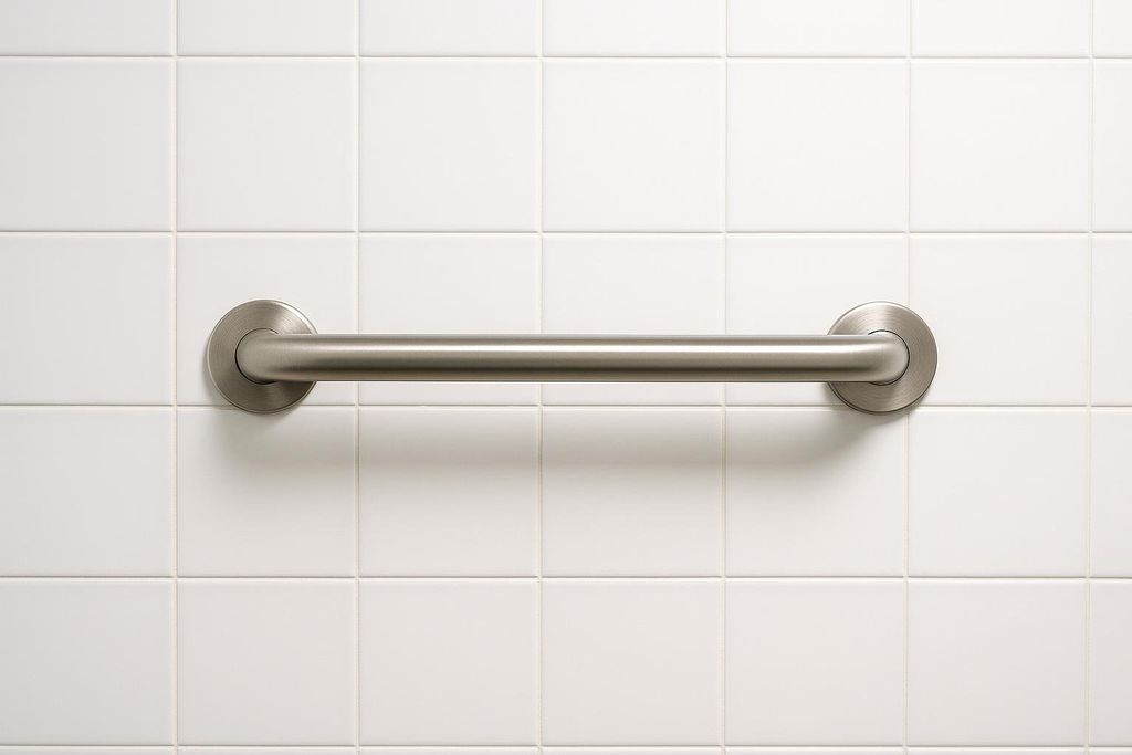 A close-up shot of a brushed nickel grab bar horizontally mounted on a white tiled wall. The bar extends straight across the frame with its circular mounting plates visible at each end.